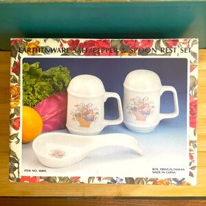 Vintage Earthenware Salt Pepper and Spoon Rest Set Fruit Basket Design